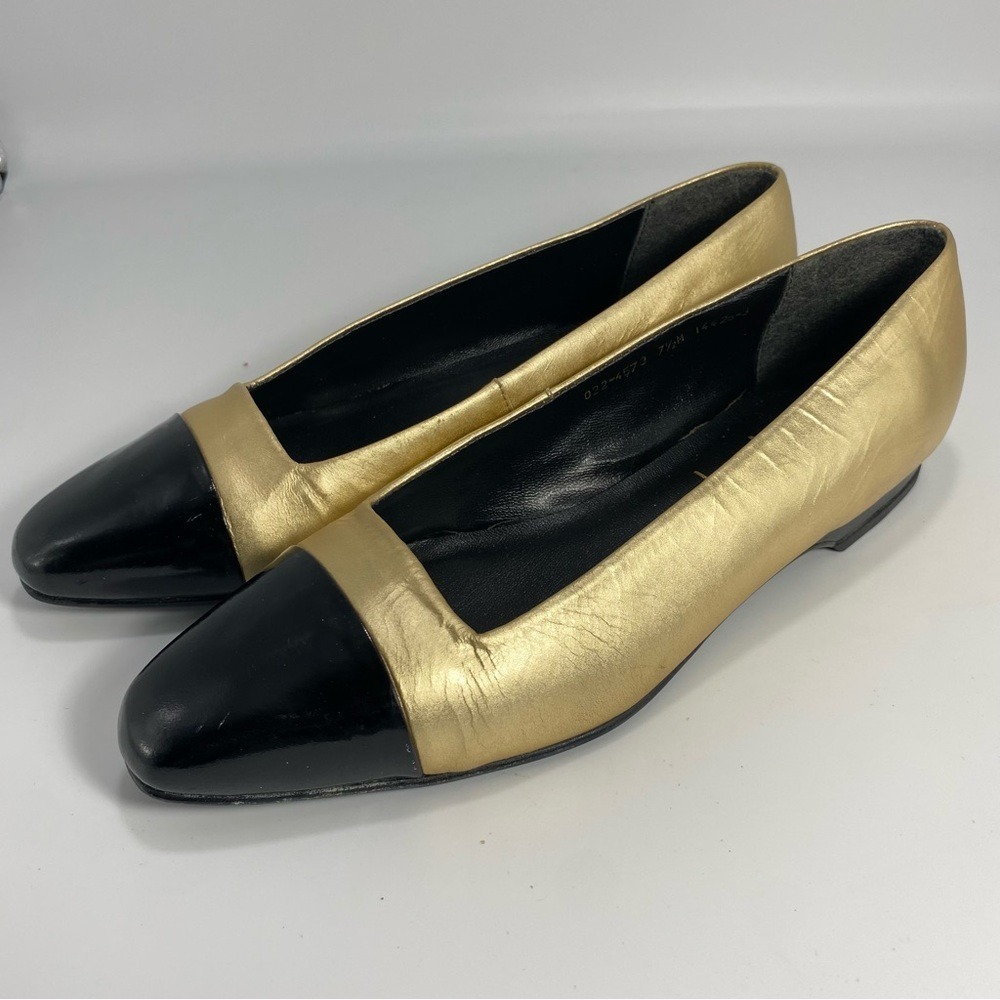 Raffenty Melissa Gold Black Cap Toe Ballet Flats Leather Brazil Size 7.5M
